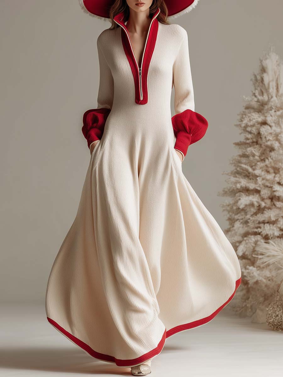 Christmas Limited Edition Lapel Front Zipper With Red Trim Cream Knit Maxi Dress