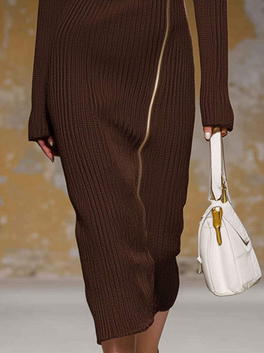 Diagonal Zipper Hooded Knitted Midi Dress