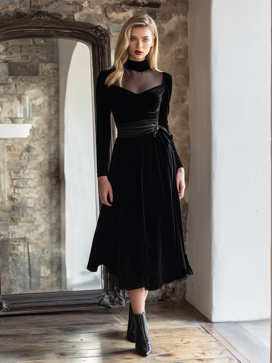 Elegant And Classic Mesh Collar Black Velvet Maxi Dress