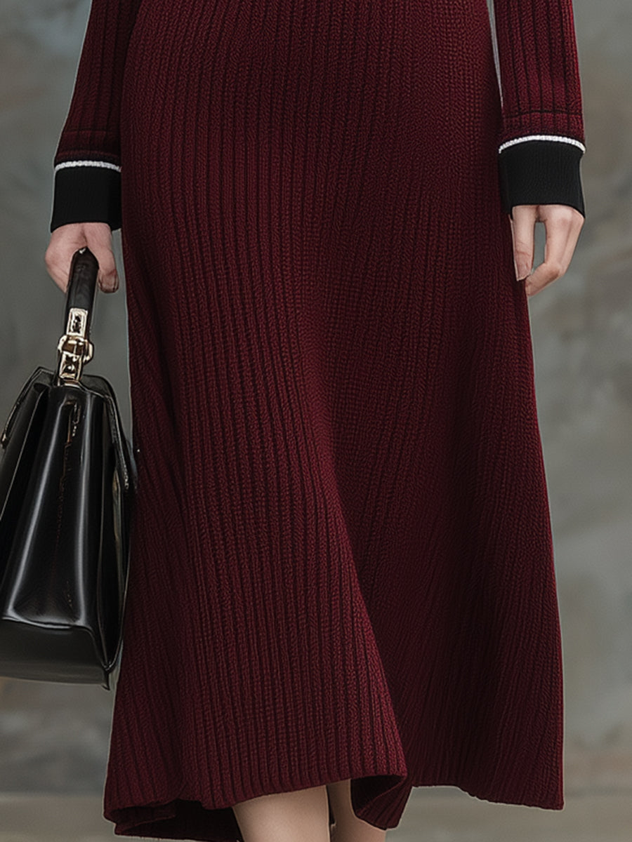 Angora Red Knitted Black Contrast Maxi Dress