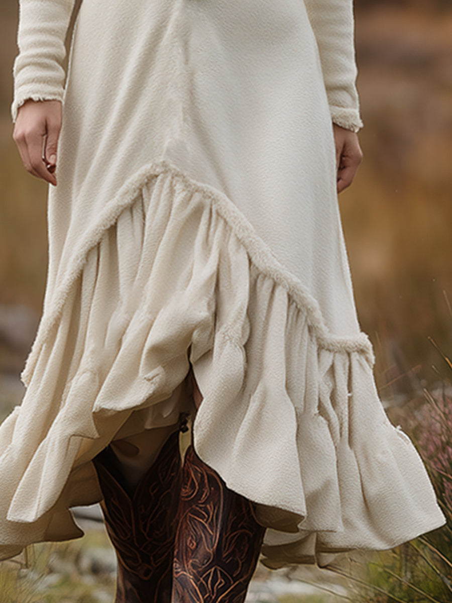 Retro Western Beige Warm Fleece V-Neck Maxi Dress
