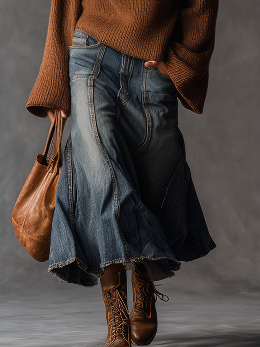Casual Retro Raw Edge Gray-blue Denim Skirt