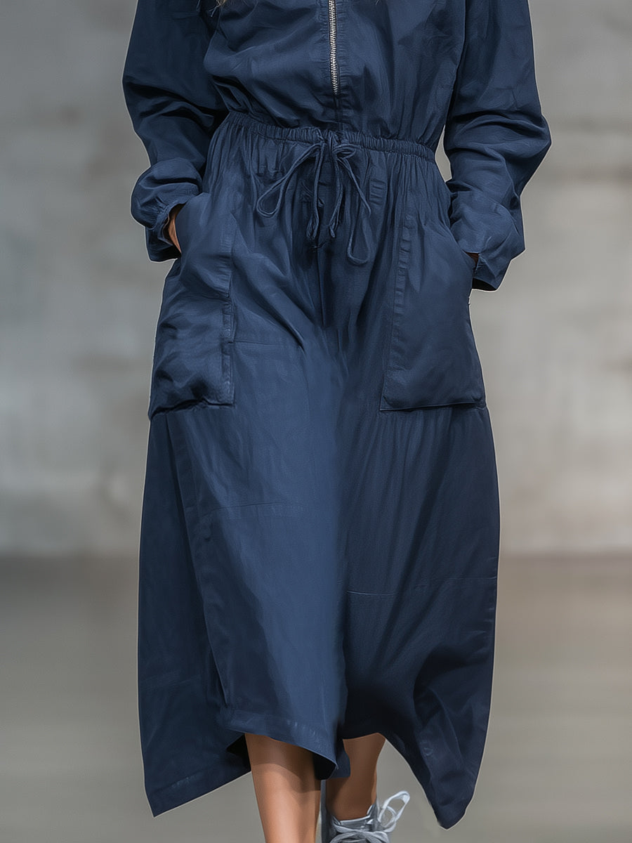 Casual And Fashionable Navy Blue Half-zip Hooded Midi Dress