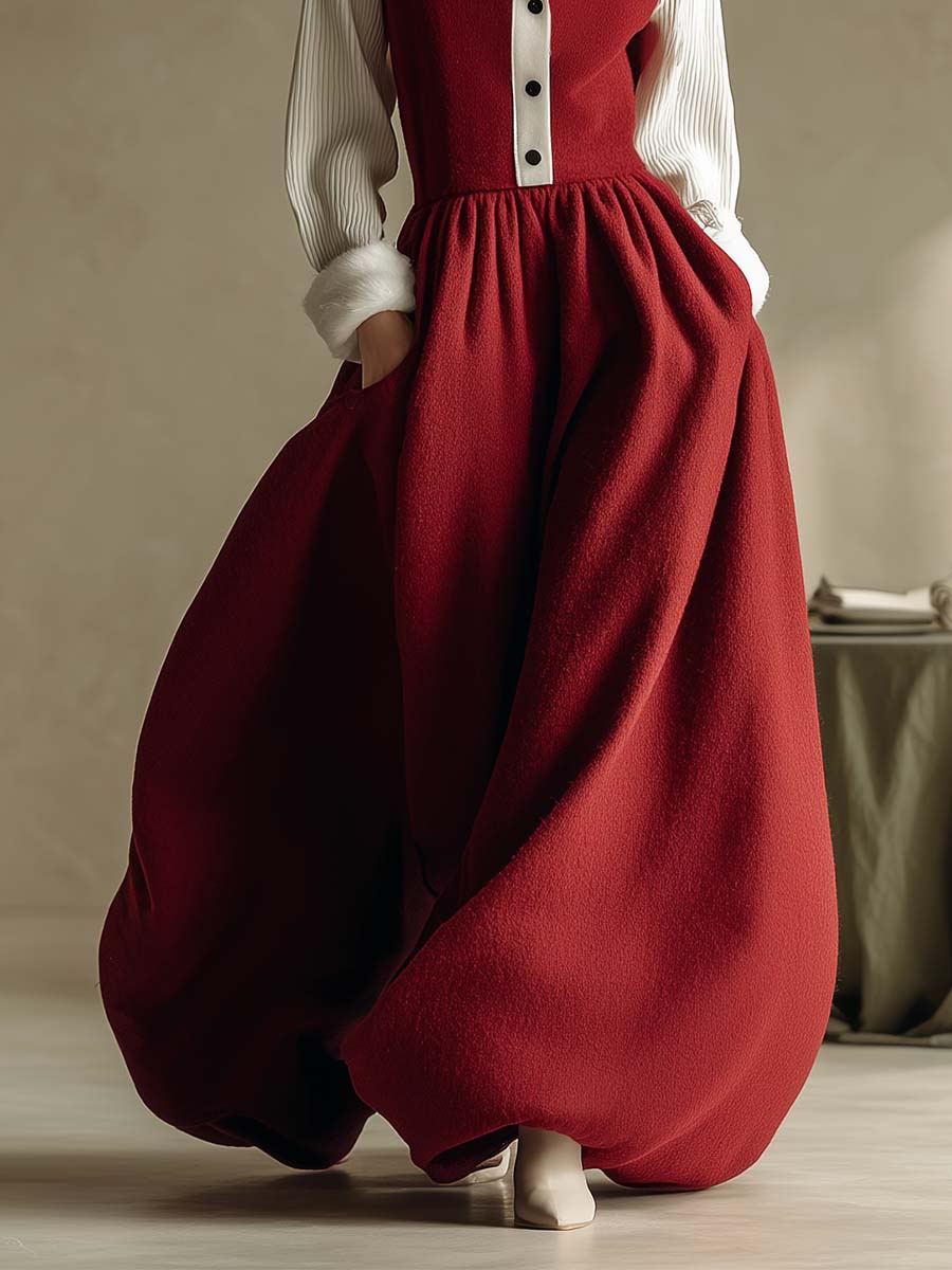 Christmas Limited Edition Retro Hooded V-neck Front Button Red Wool Vest Style Bubble Hem Maxi Dress