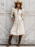 Western Retro Pleated Long Sleeve Zipper Off-White Denim Midi Dress