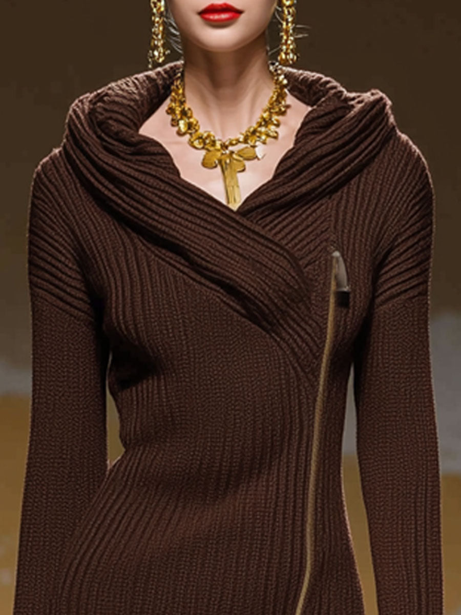 Diagonal Zipper Hooded Knitted Midi Dress