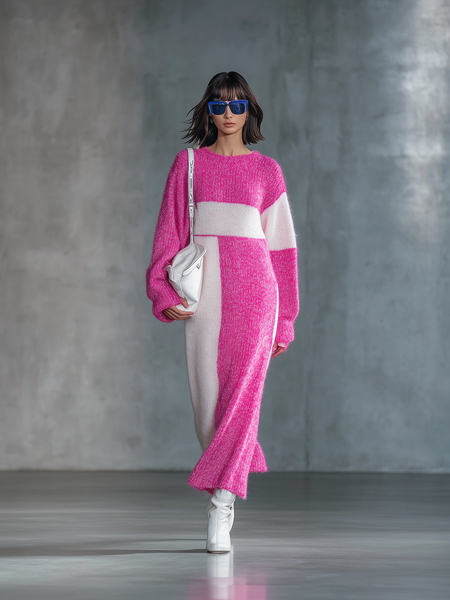 Dark Pink And White Knit Crew Neck Maxi Dress