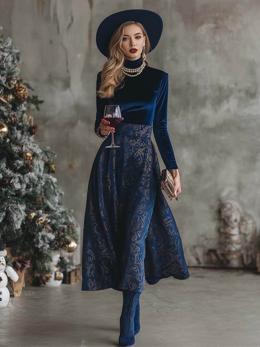 Elegant Retro High-neck Royal Blue Velvet Printed Midi Dress