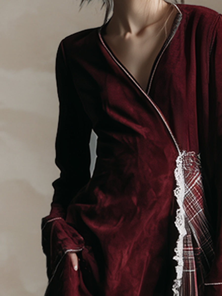 Vintage Burgundy Faux Suede Patchwork Plaid Lace Trim Maxi Dress