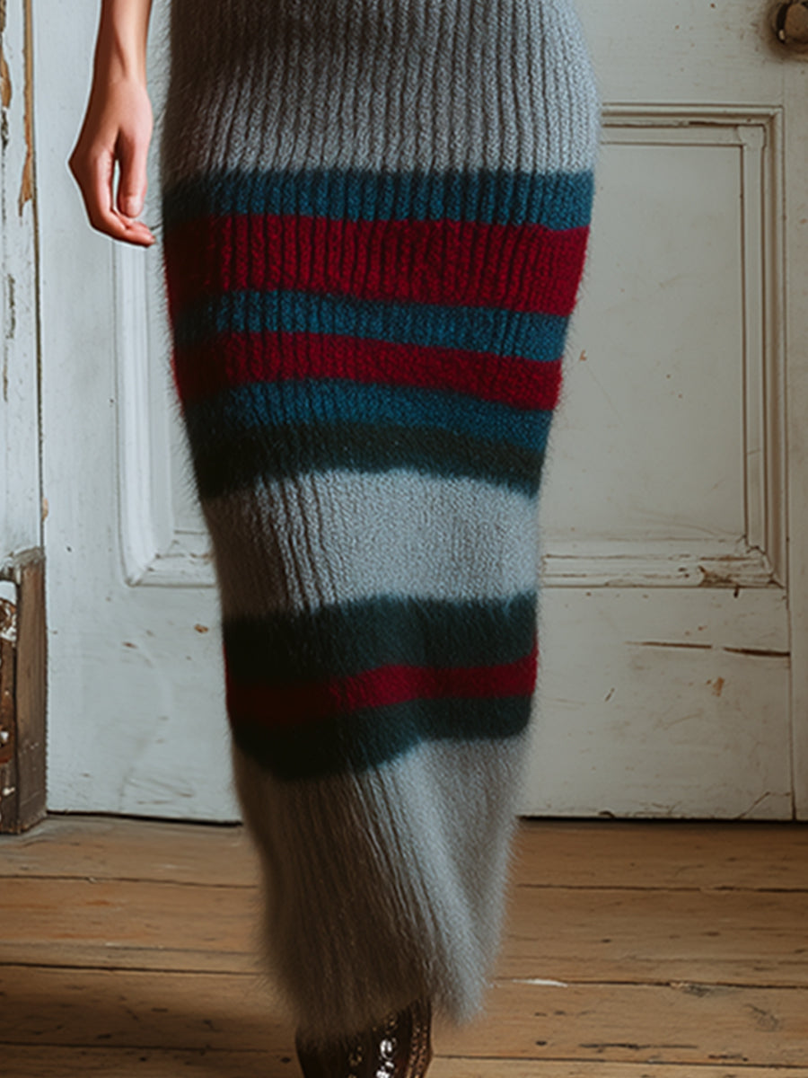 Retro Urban Contrast Striped Gray Knitted Slim Maxi Dress