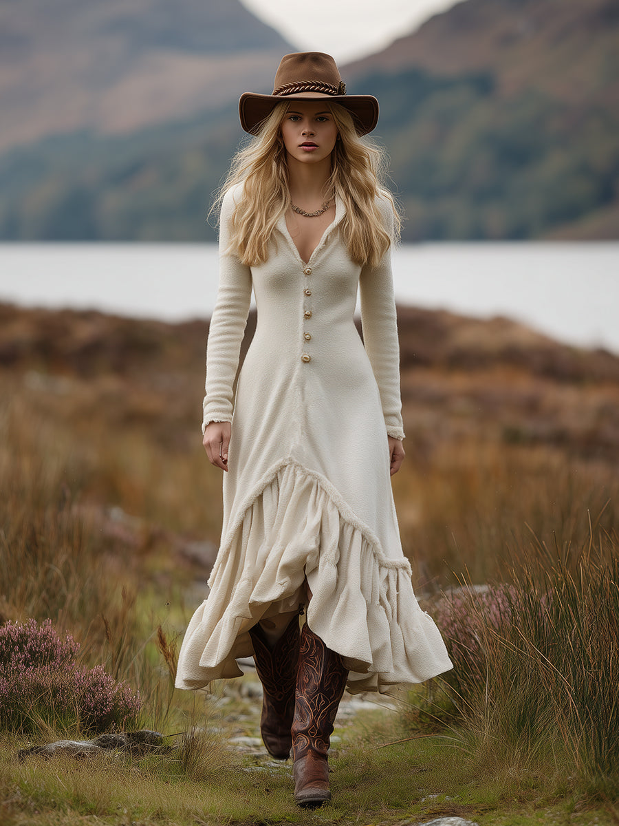 Retro Western Beige Warm Fleece V-Neck Maxi Dress