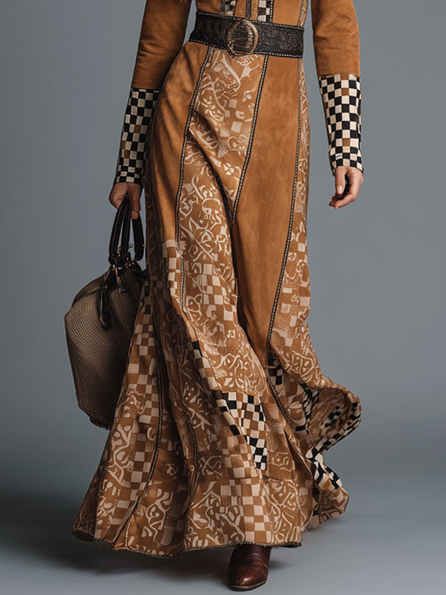 Casual Retro Geometric Camel Faux Suede Half-Zip Maxi Dress