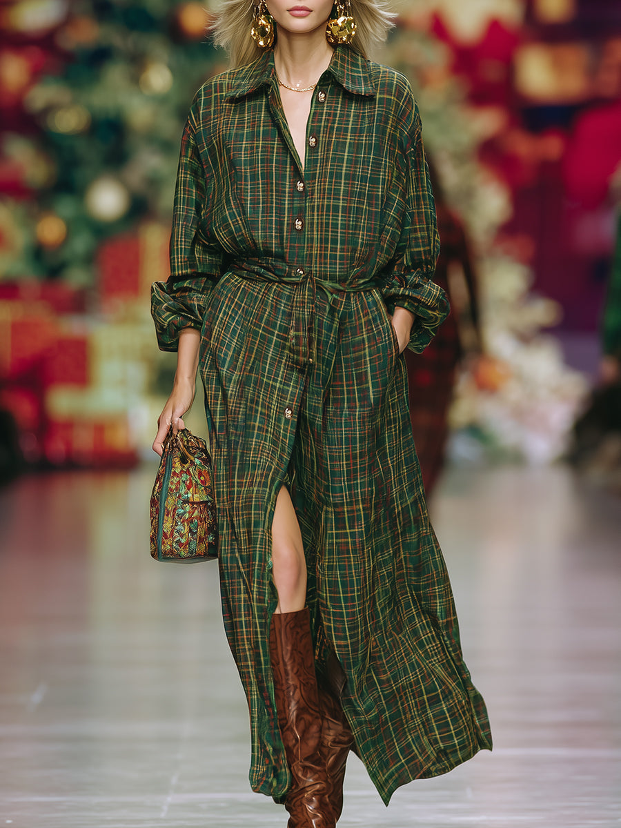 Casual Retro Button Plaid Maxi Dress