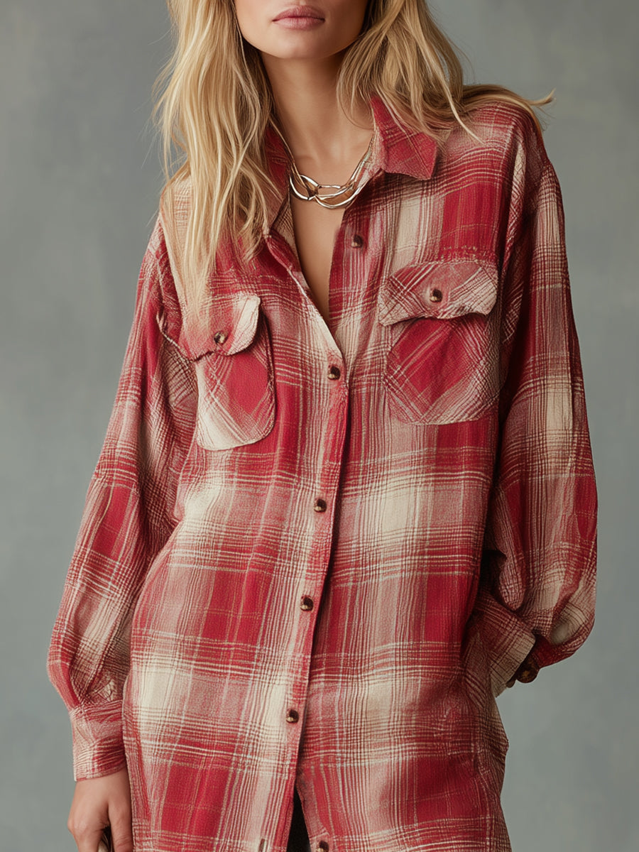 Casual Retro Red And Beige Plaid Shirt Maxi Dress