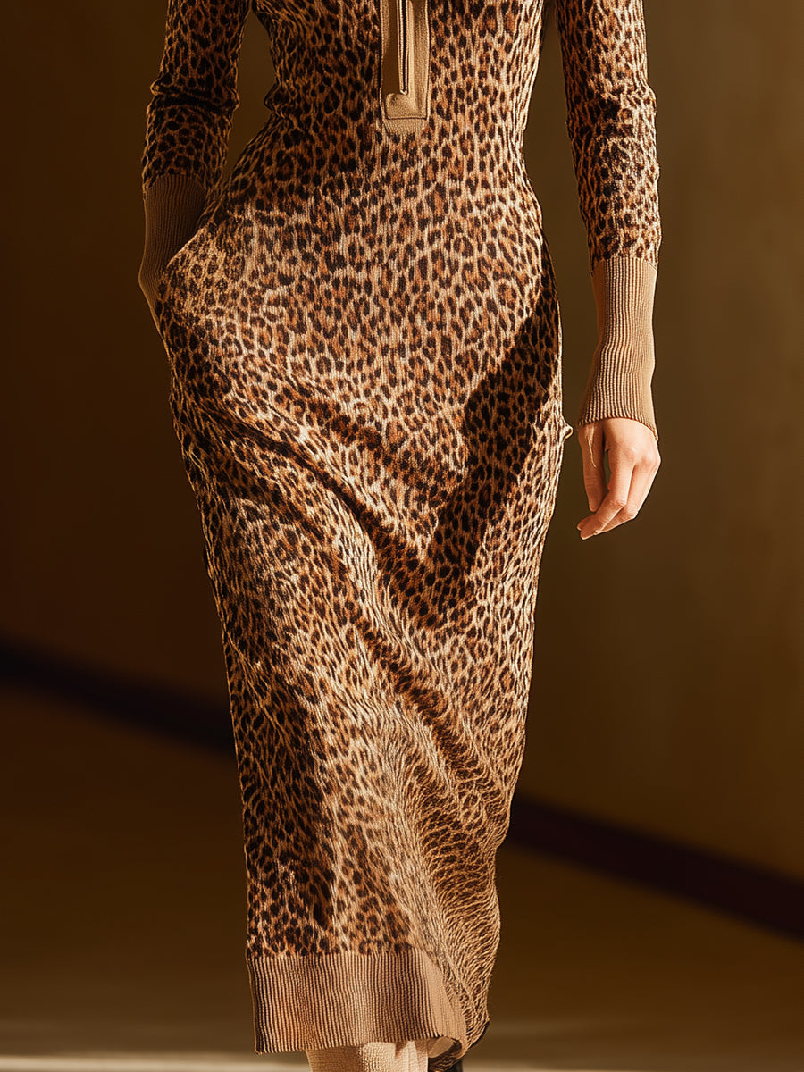 Casual Retro Half-zip Leopard Print Knit Maxi Dress