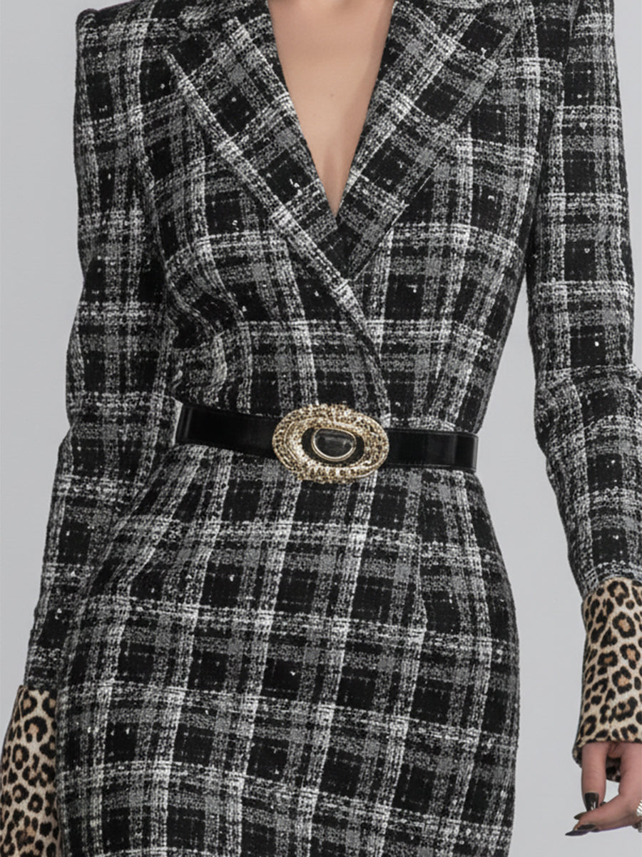 Black And White Plaid Cuffs And Leopard Print Midi Dress