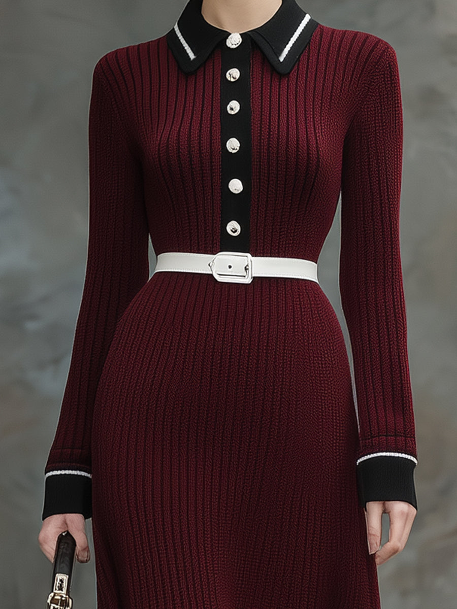 Angora Red Knitted Black Contrast Maxi Dress