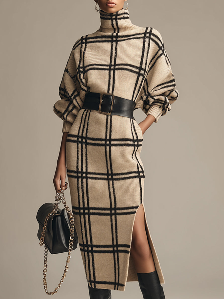 Classic And Elegant Apricot Plaid High-neck Knitted Midi Dress