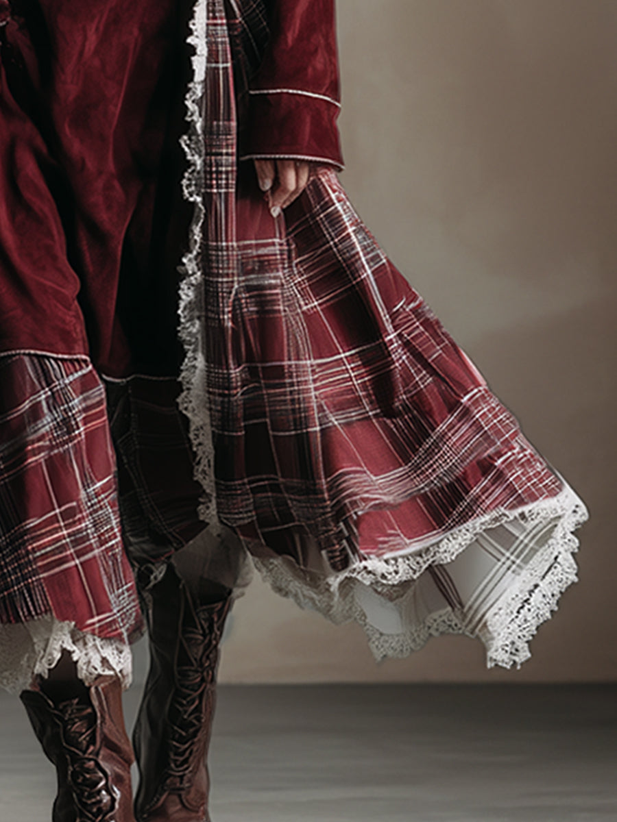 Vintage Burgundy Faux Suede Patchwork Plaid Lace Trim Maxi Dress