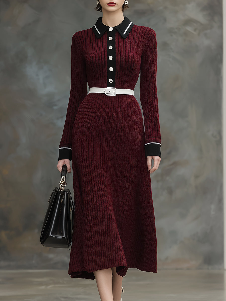 Angora Red Knitted Black Contrast Maxi Dress