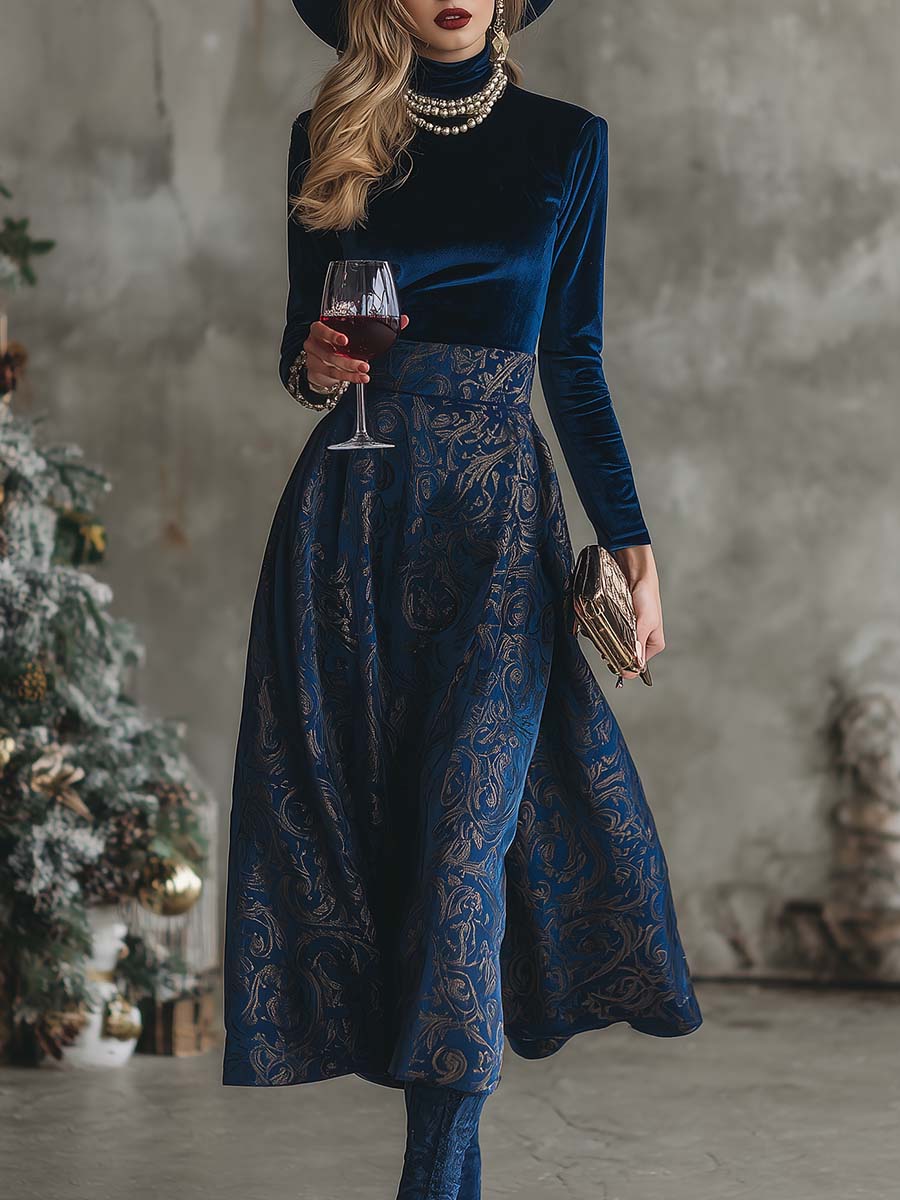 Elegant Retro High-neck Royal Blue Velvet Printed Midi Dress