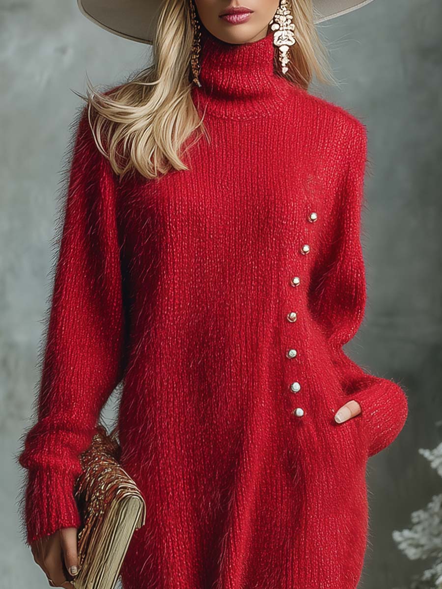 Vintage Exquisite And Comfortable High Collar Button Decoration Red Imitation Rabbit Fur Knitted Maxi Dress