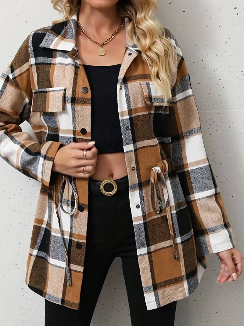 Ashley – Elegant Plaid Long Sleeve Coat for Style-Conscious Ladies