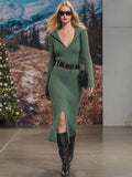Casual And Fashionable Green Knitted Slit Midi Dress
