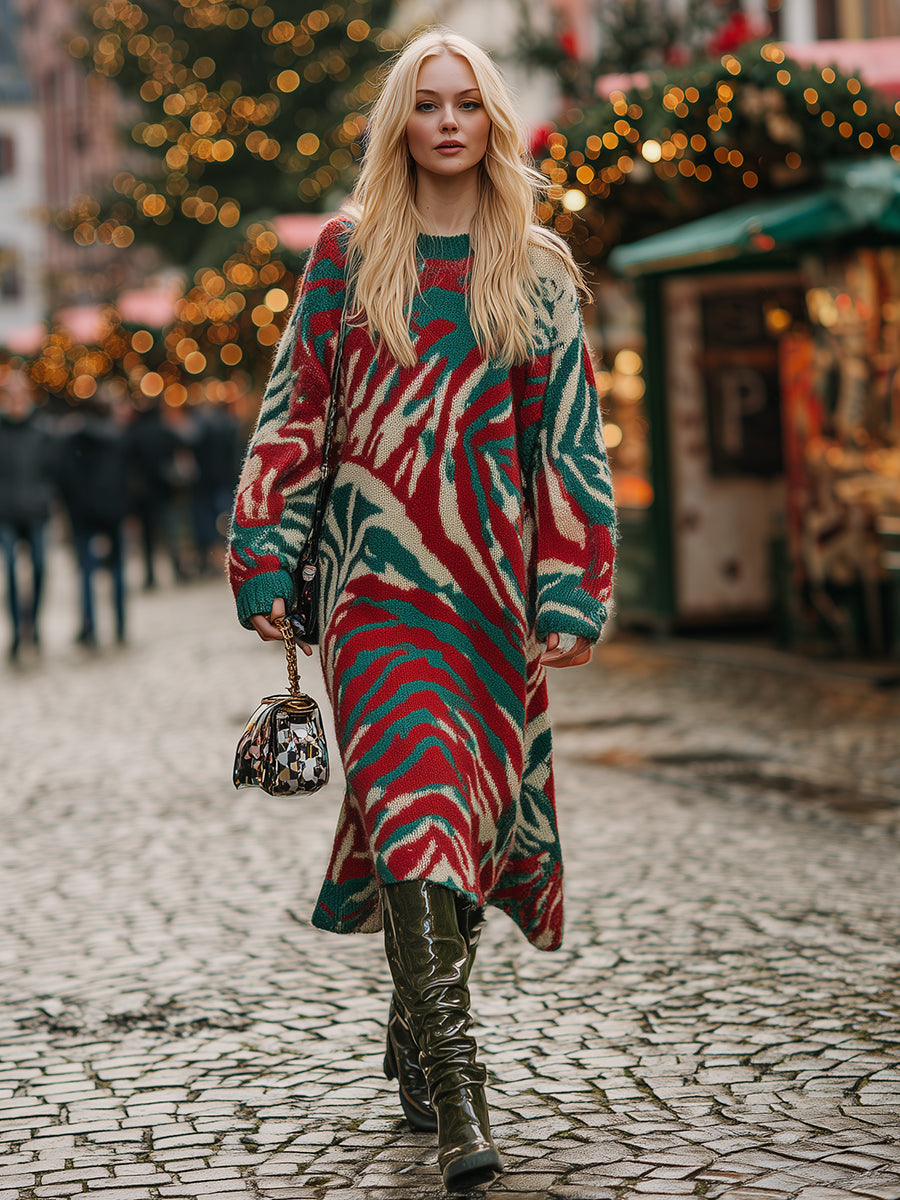 Casual Loose Red And Green Zebra Pattern Knitted Midi Dress