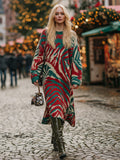 Casual Loose Red And Green Zebra Pattern Knitted Midi Dress