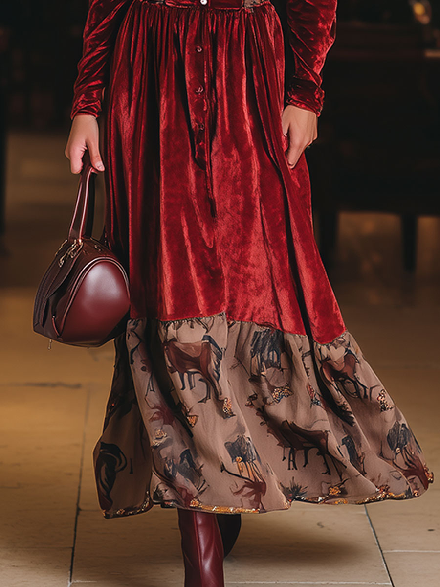 Christmas Retro Red Strapless Off-the-Shoulder Long Sleeve Elk Print Velvet Maxi Dress