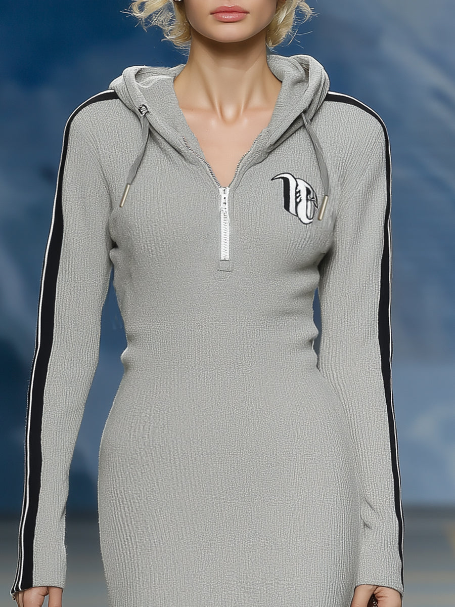 Casual Sports Black Trim Gray Ruffle Hooded Maxi Dress