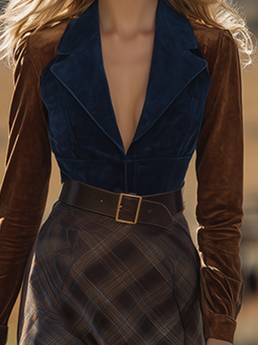 Chic Western Contrast Faux Suede Plaid Belted Maxi Dress