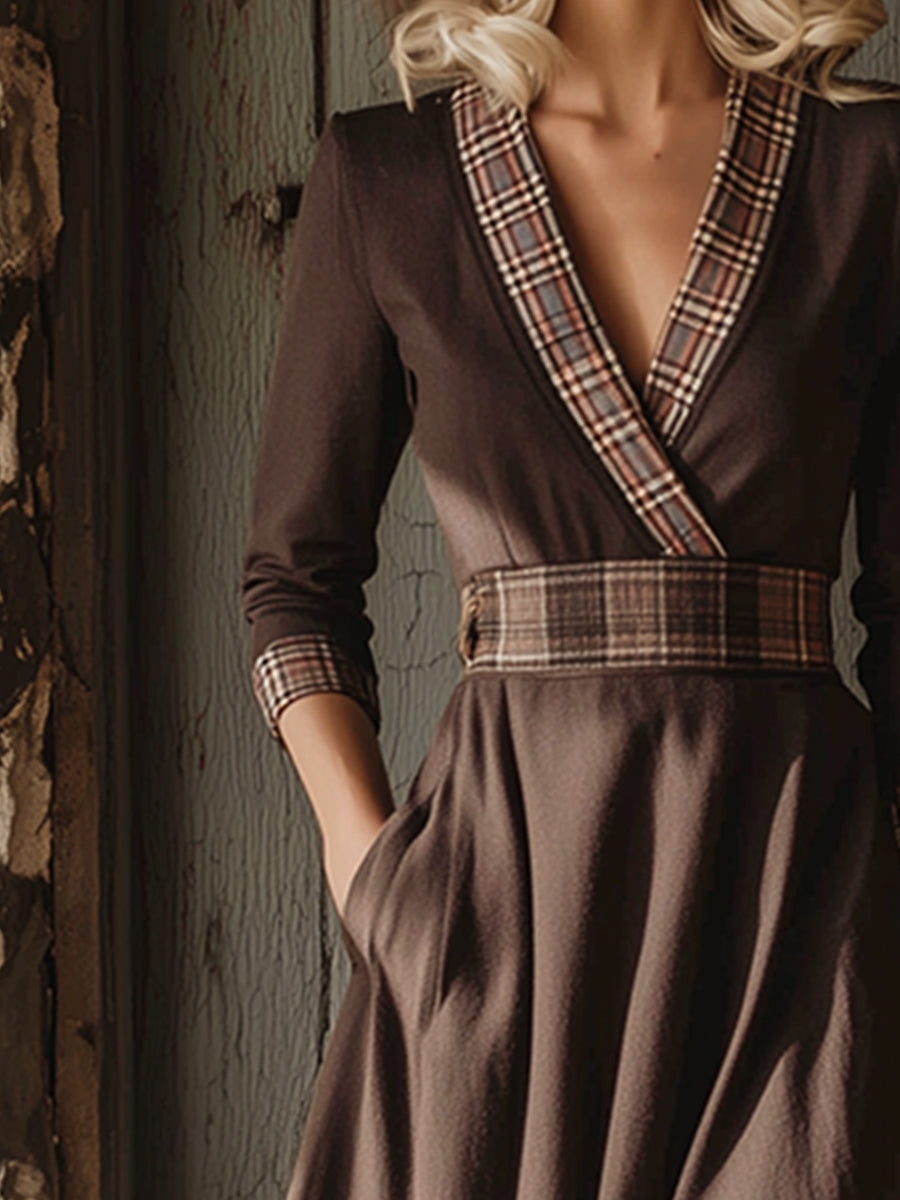 Elegant Retro Plaid Trim Brown A-line Maxi Dress