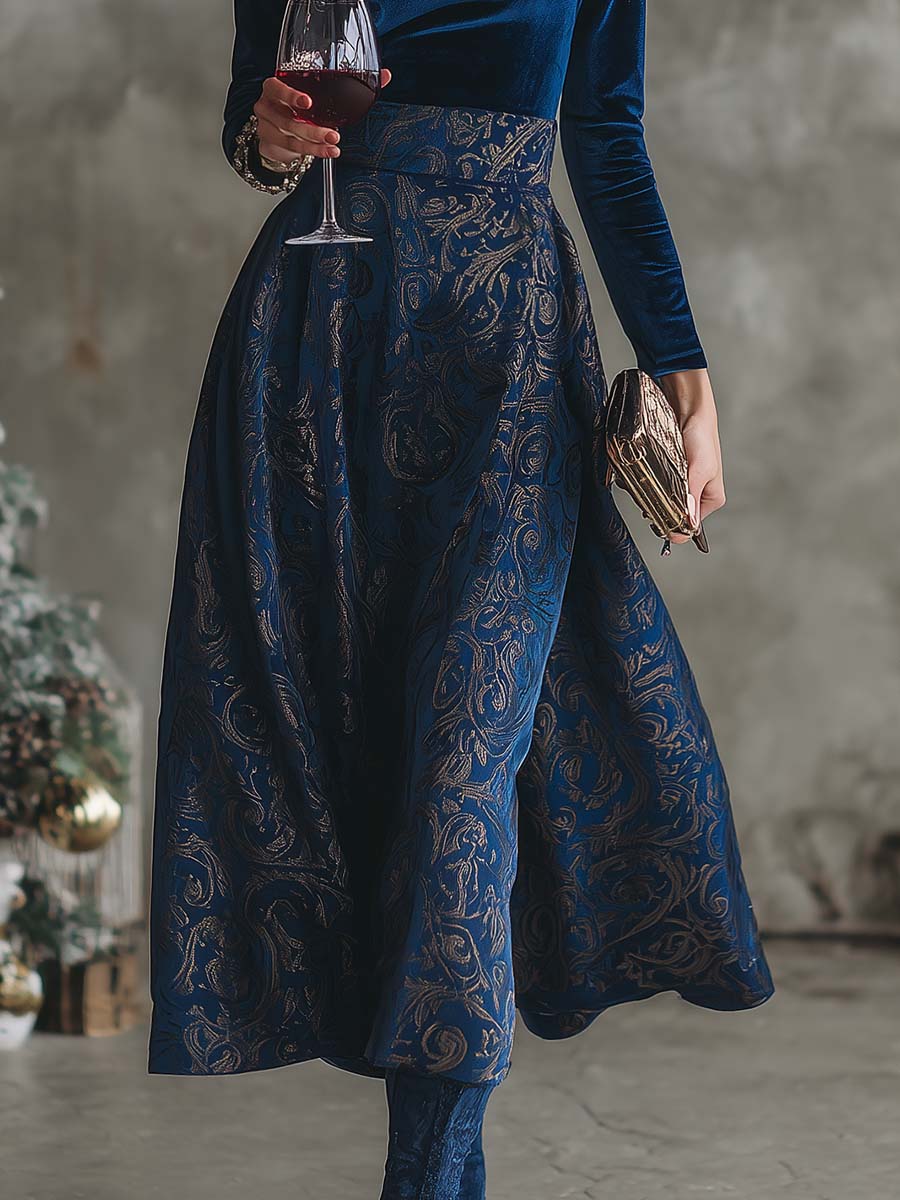 Elegant Retro High-neck Royal Blue Velvet Printed Midi Dress