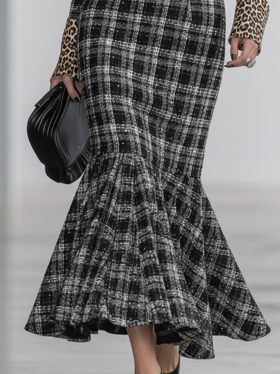 Black And White Plaid Cuffs And Leopard Print Midi Dress