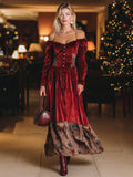 Christmas Retro Red Strapless Off-the-Shoulder Long Sleeve Elk Print Velvet Maxi Dress
