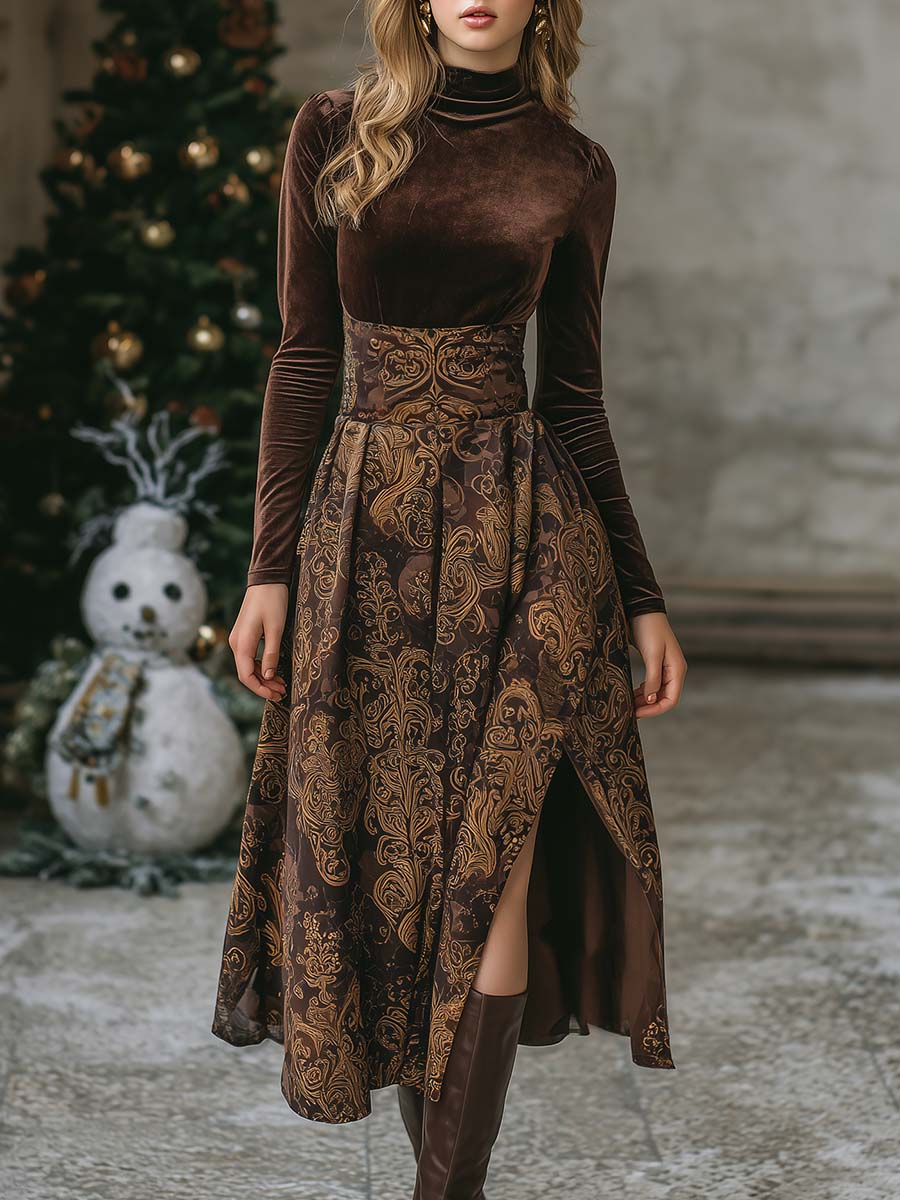 Retro Exquisite And Elegant High Collar Brown Velvet Printed Slit Midi Dress