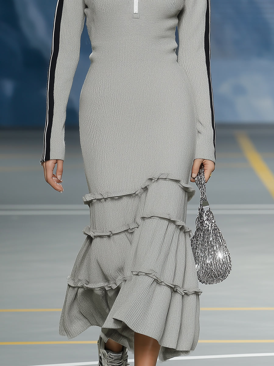 Casual Sports Black Trim Gray Ruffle Hooded Maxi Dress