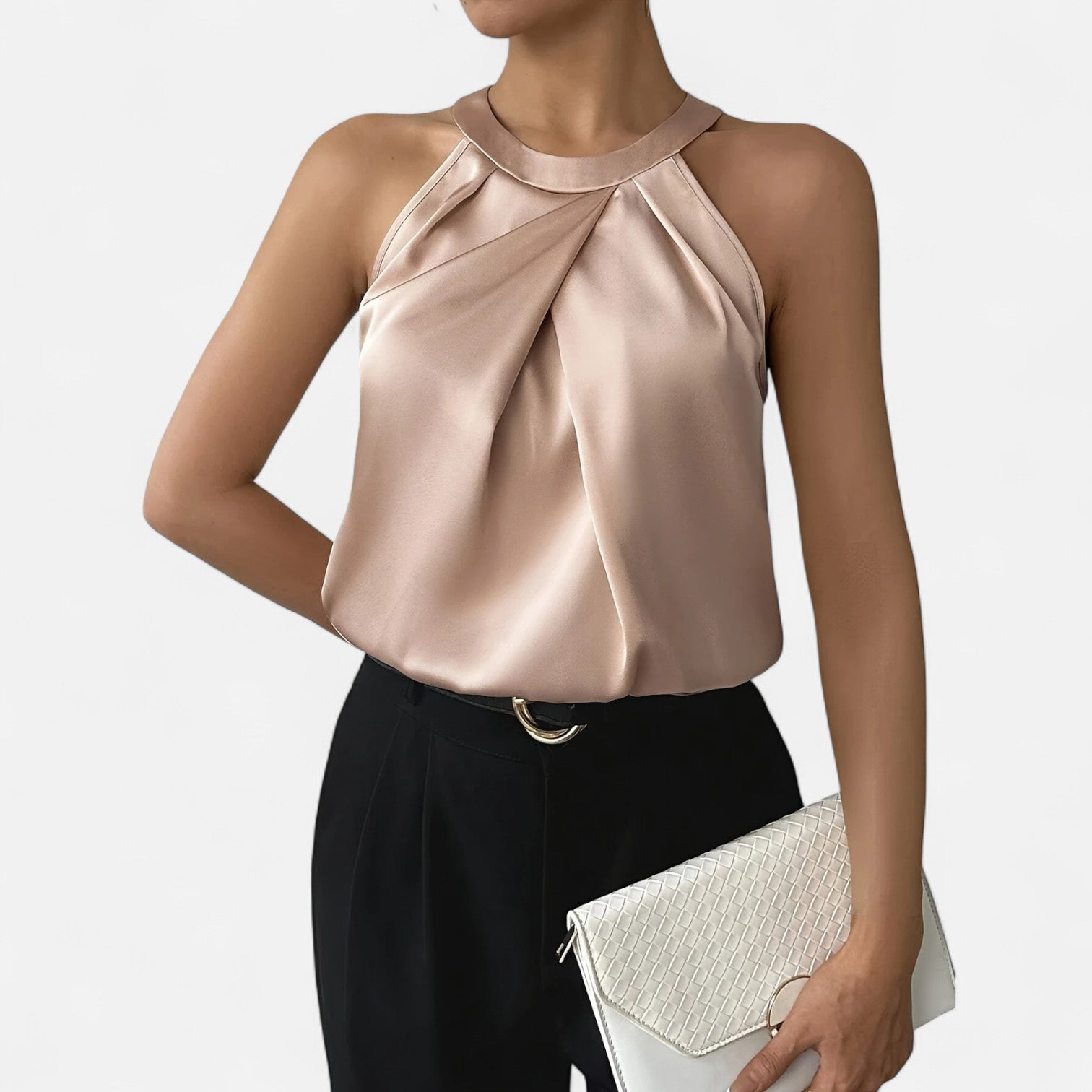Dorevelle | Elegant Satin Blouse for Women – Pleated Halter Design