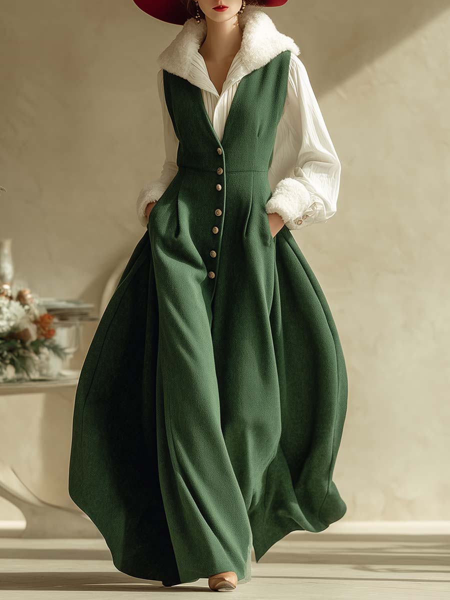 Christmas Limited Edition Vintage V-neck Front Button Green Woolen Vest Maxi Dress