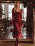 Exquisite Retro Temperament Red Lace Midi Dress