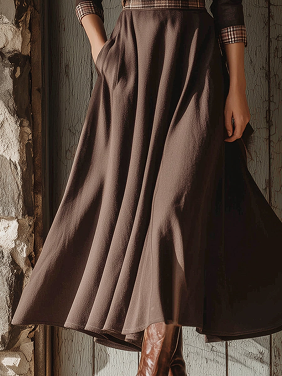 Elegant Retro Plaid Trim Brown A-line Maxi Dress