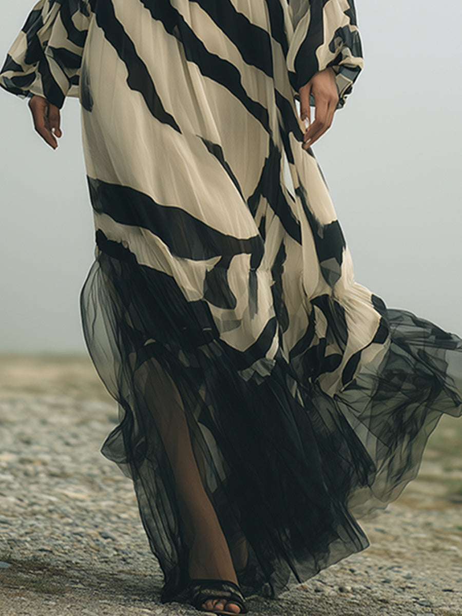 Elegant Vintage Khaki Tiger Print Organza Hem Chiffon Maxi Dress