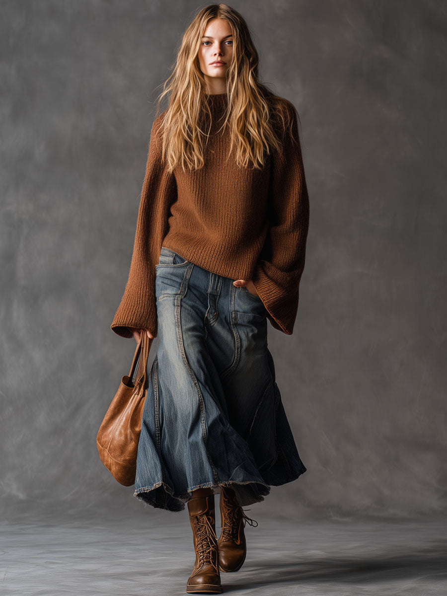 Casual Retro Raw Edge Gray-blue Denim Skirt