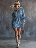 Fashionable Western Hooded Front Zipper Ruffled Hem Light Blue Washed Denim Hoodie Style Mini Dress
