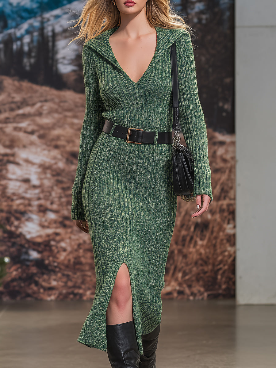 Casual And Fashionable Green Knitted Slit Midi Dress