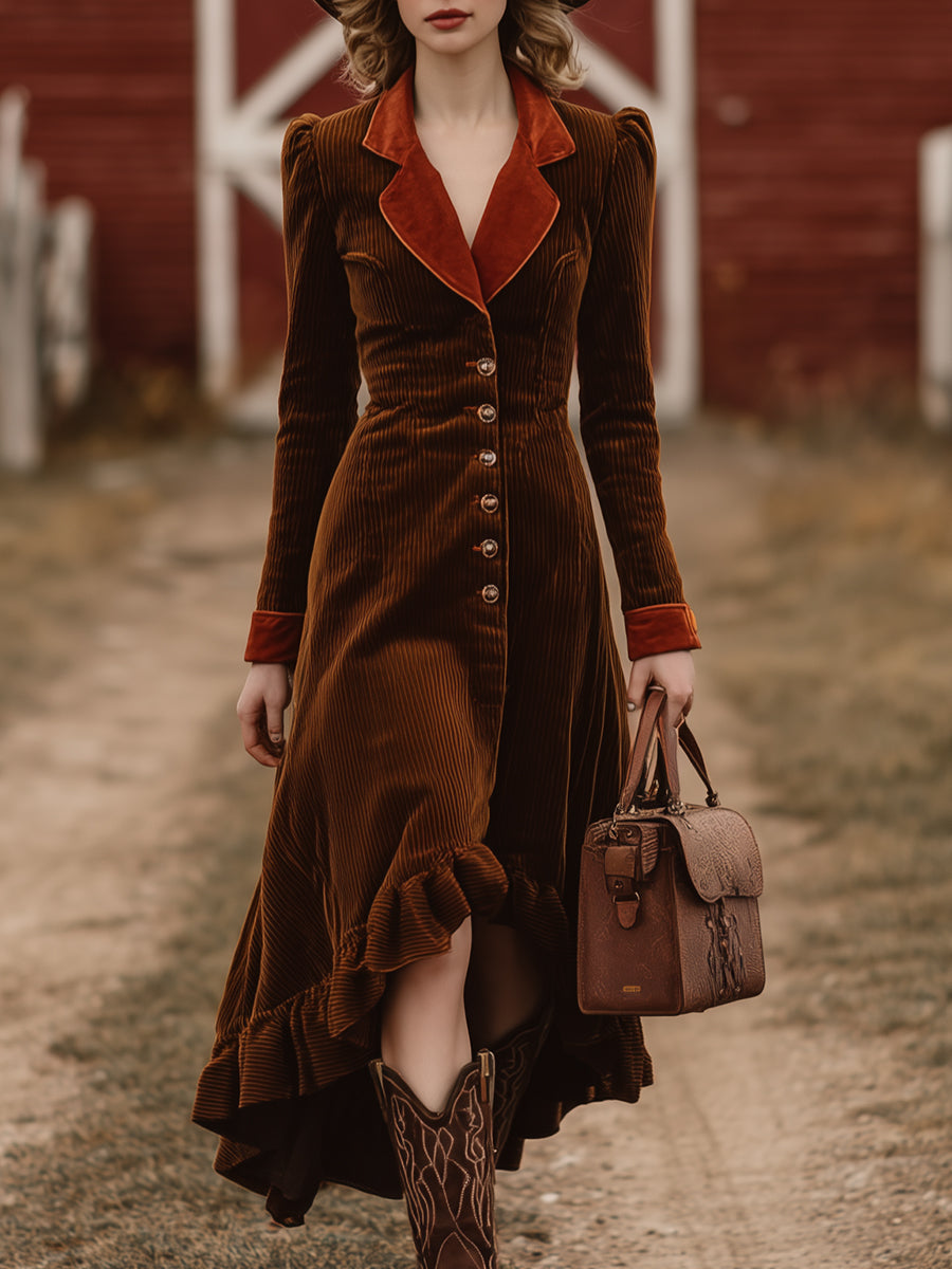 Brown Corduroy Splicing With Red Buttons Irregular Skirt Midi Dress