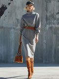 Casual Loose Grey Turtleneck Midi Dress