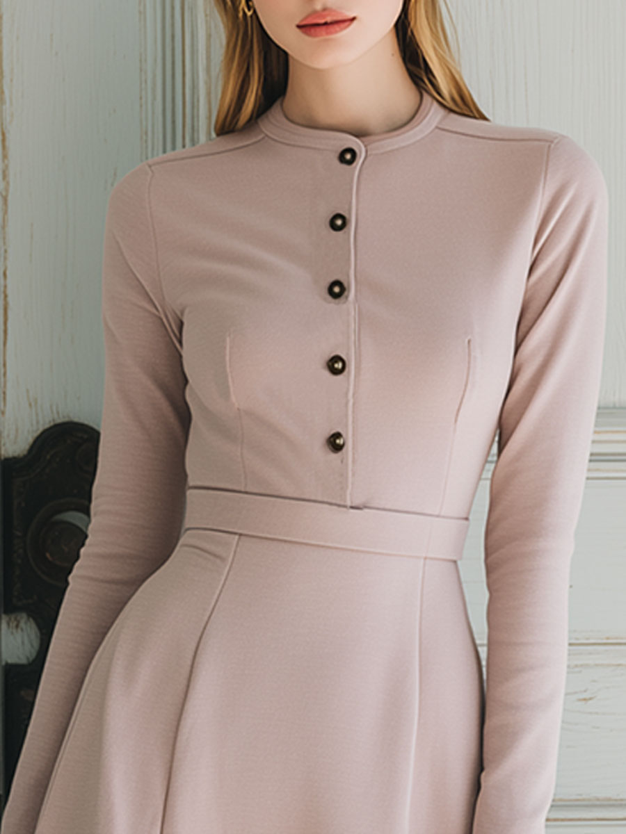 Casual And Versatile Pink Button Midi Dress